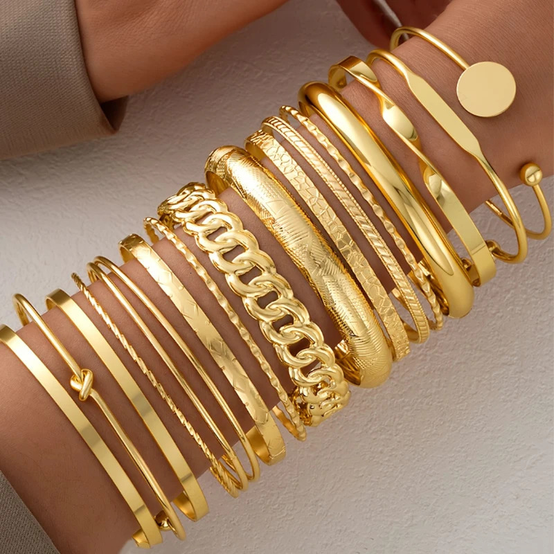 15 Pcs Retro Gold Color Minimalist Bangle Set for Women Fashion Chic Geometric Knotted Bracelets Daily Party Jewelry Gifts 2026 251219