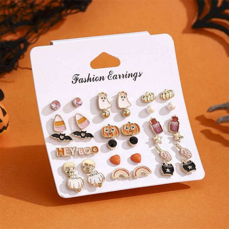 18 Pair Halloween Combination Earrings Set for Women Pumpkin Bat Skull Star Pearl Rhinestone Earring Girls Party Jewelry 25H1226