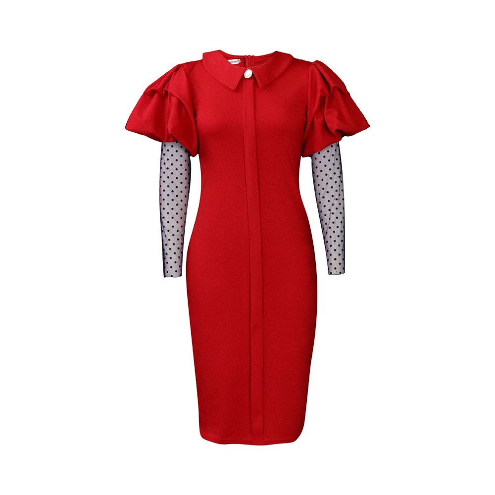 (579) Women's autumn and winter new mesh patchwork pleated OL temperament commuting large size dress
