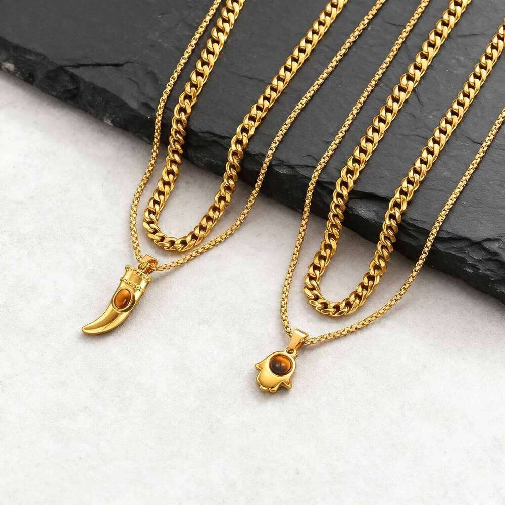 Trendy Horn Necklace for Men Boys,Gold Color Stainless Steel Tiger Eye Stone Layered Necklace,Dainty Male Jewelry Set Gift 25N1226