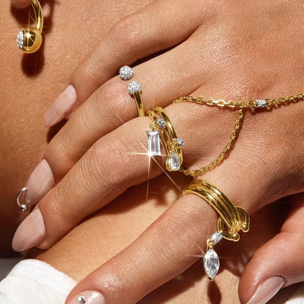 2026 NEW Fashion Design High Quality Multilayer Stacking Pendant Finger Ring Women Girl Geometry Cubic Zirconia Bling Charm Gold Plated Jewelry Gift