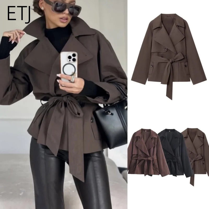 ETJ Autumn collection womens British style lapel double-breasted Maillard color belt casual trench coat 251222