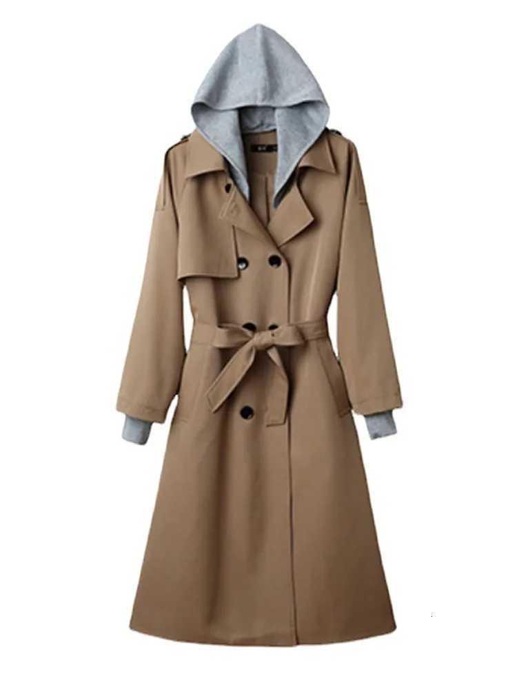White Khaki Black Loose Trench Coat Women Spring Autumn Double-breasted Removable Hood Long Windbreaker Female Belt OuterwearT251226