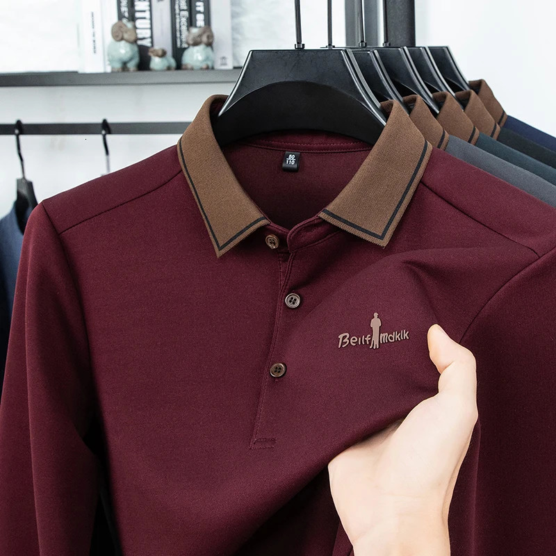 Mens Polo Shirt Long Sleeve Autumn Winter Lapel Collar Button Business Casual Classic Office Warm T-shirt Menswear 251222