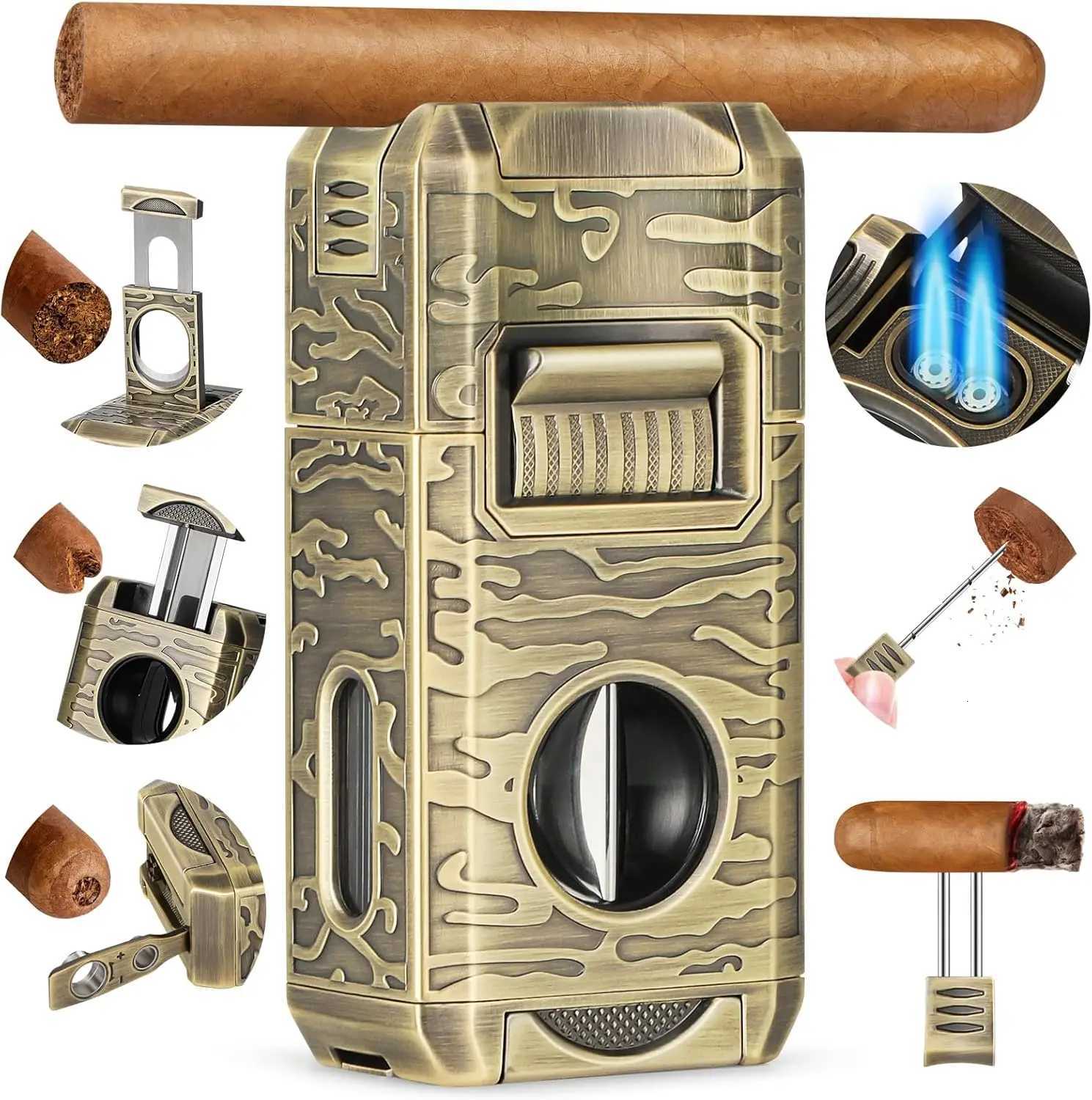 Cigar Lighter 7-in-1 Cigar Lighter Dual-Flame Windproof Built-in Dual Punch V-Cut Flat Cut Cigar Holder No Butane Y251218