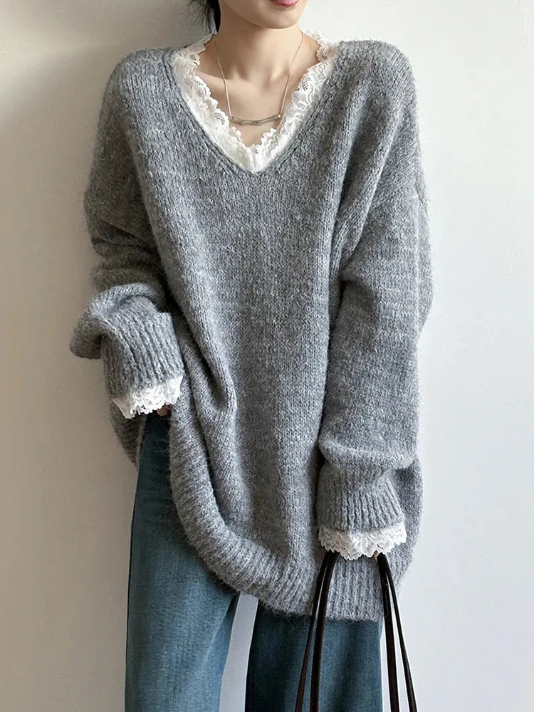 Aoaiiys Sweaters Women V Neck Lace Spliced Pullovers Vintage Chic Knitted Jumpers Autumn Winter Comfortable Loose Sweaters 251225