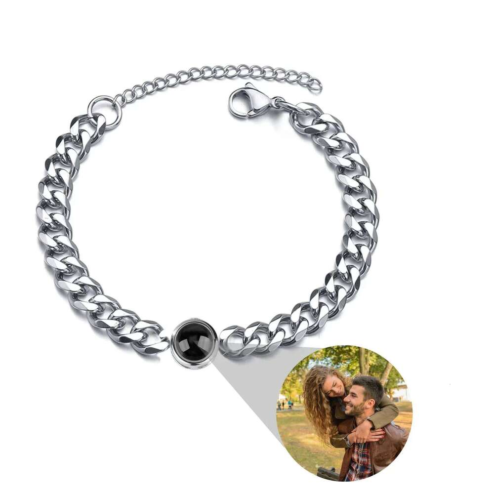 17+5cm Stainles Cuban Personalized Circle Photo Bracelet Custom Projection Personality Memorial Birthday Christmas Gift 25T1226