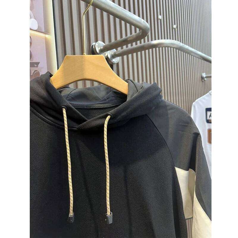 Men Korean Fashion Contrast Color Patchwork Hooded Sweatshirts Casual Streetwear Pocket Cargo Hoodie Long Sleeve Pullover Tops