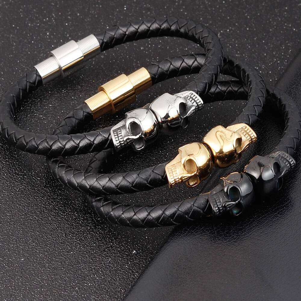 Hyperbole Jewelry Black Braided Leather Stainless Steel Leahter Cool Skull Bracelets Men Bracelet 25T1226