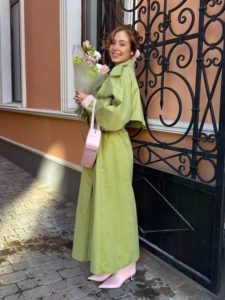 Elegant Green Pleated Lapel Long Windbreaker Women Long Sleeve V Neck Belt Lace Up Loose Jacket Lady High Street Daily OuterwearT251226