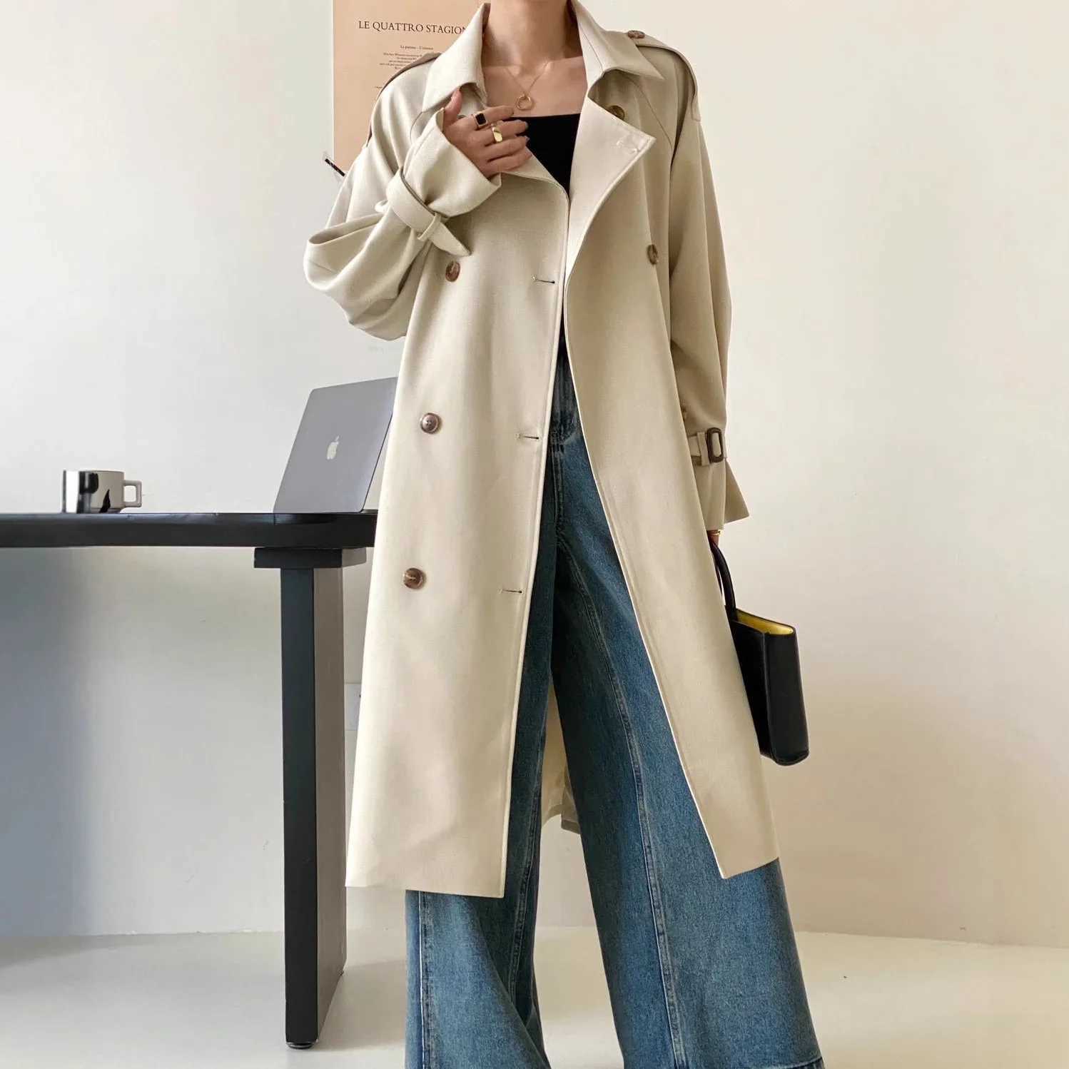 Women Solid Trench Long Sleeve Jacket Double Breasted Coats Cardigan Outerwear Spliced Loose Fit 2025 Pockets Basics AutumnT251226