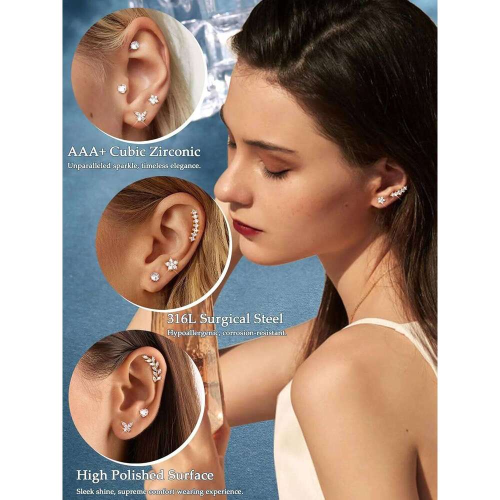 Bobisty Surgical Steel Cartilage Studs Earrings Hypoallergenic Earring Set Flat Back Helix Tragus Piercing Jewellery for Women 25H1226