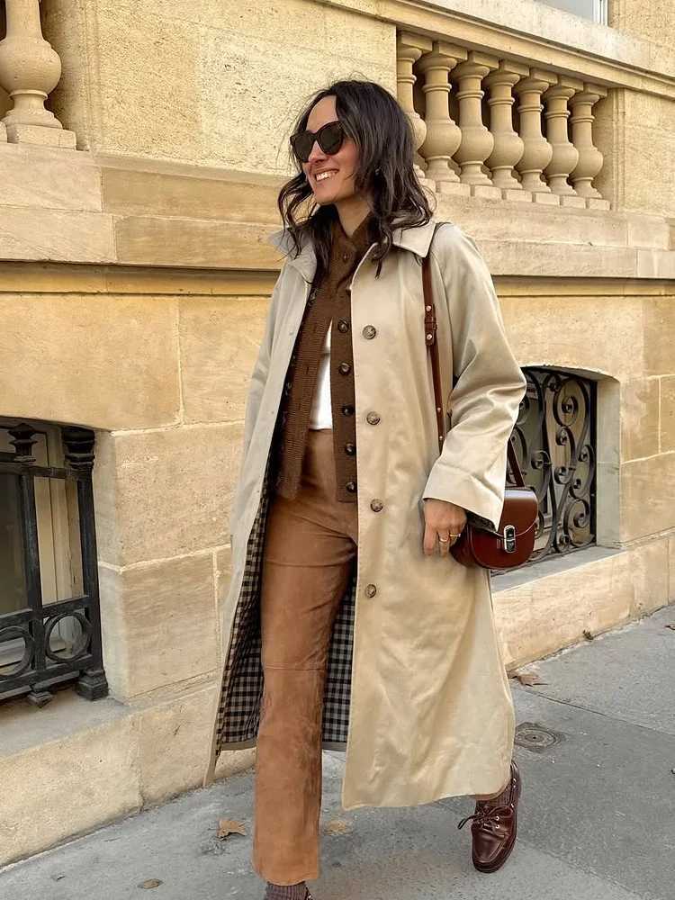 Women Solid Lapel Trench Coat Plaid Lining Single Breasted Full Sleeve Loose Coats Lady 2025 Autum Commute High Street OutwearT251226