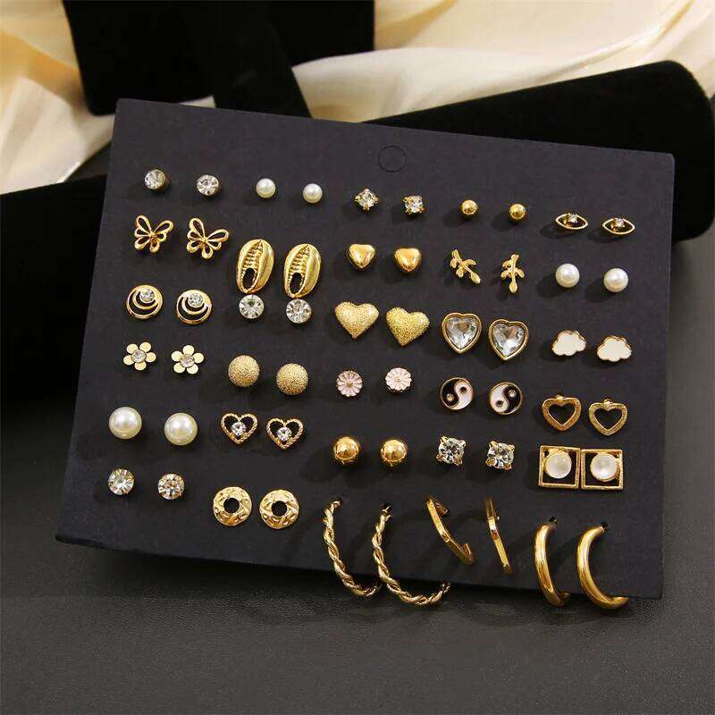 40Pcs/Set Gold Color Earring Set Vintage Butterfly Heart Pearl Crystal Stud Earrings for Women Korean 2024 Brincos Jewelry Gift 25H1226