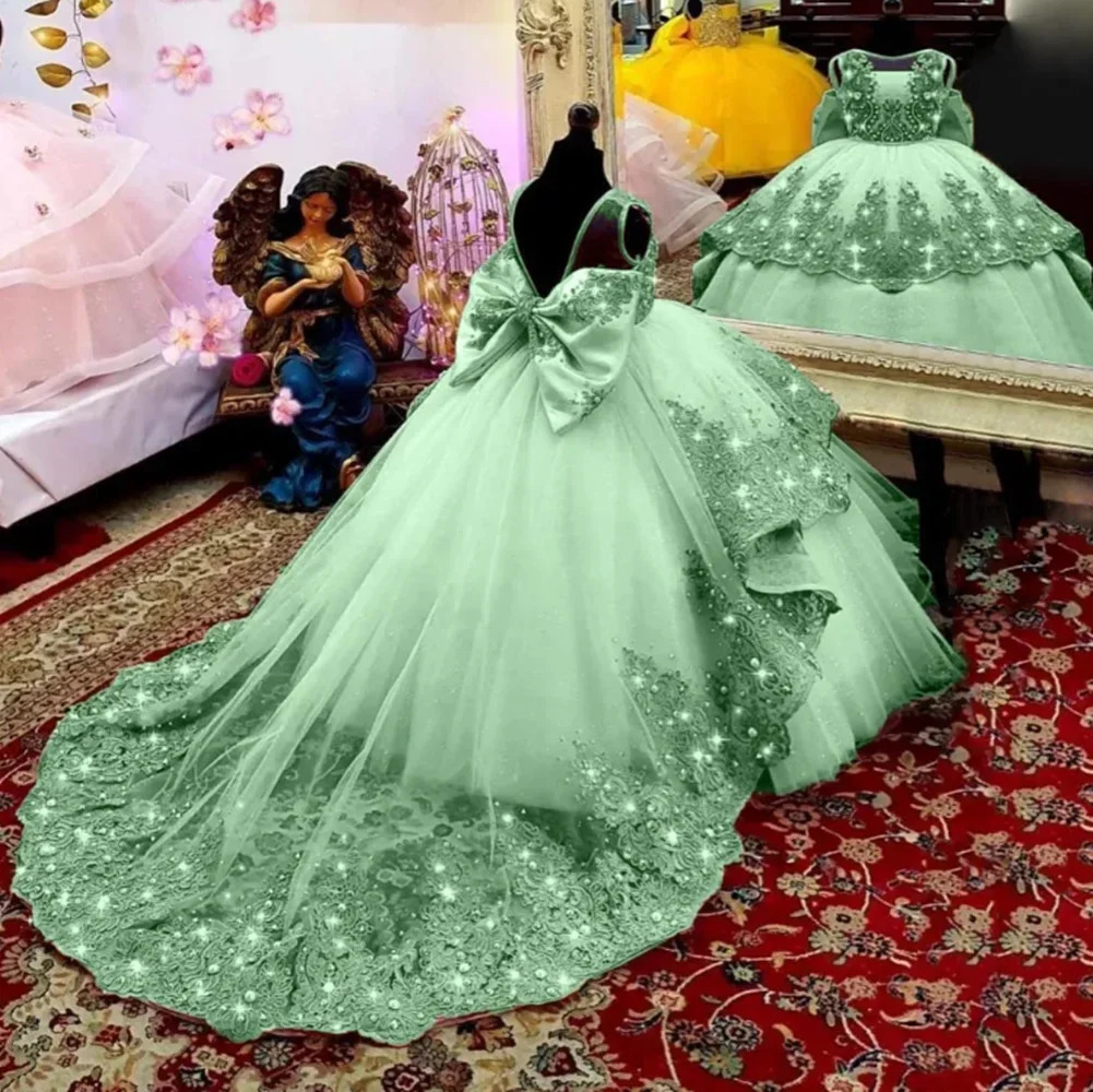 Customized Flower Girl Dress for Wedding Suspenders with Bow Satin Ball Gown Kids Birthday First Communion Party Dress 251215