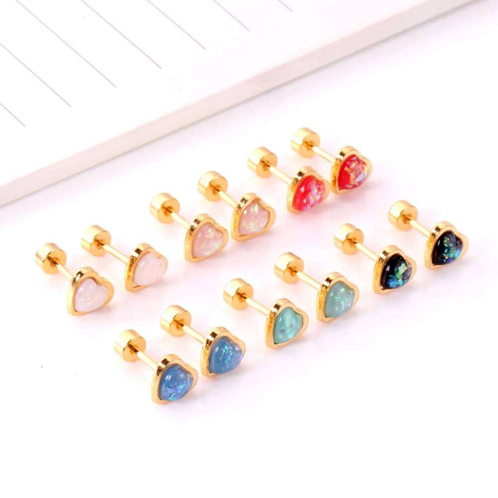12 Pairs Korean Fashion Stainless Steel Stud Screw Back for Women Valentine Pink Heart Earrings 25H1226