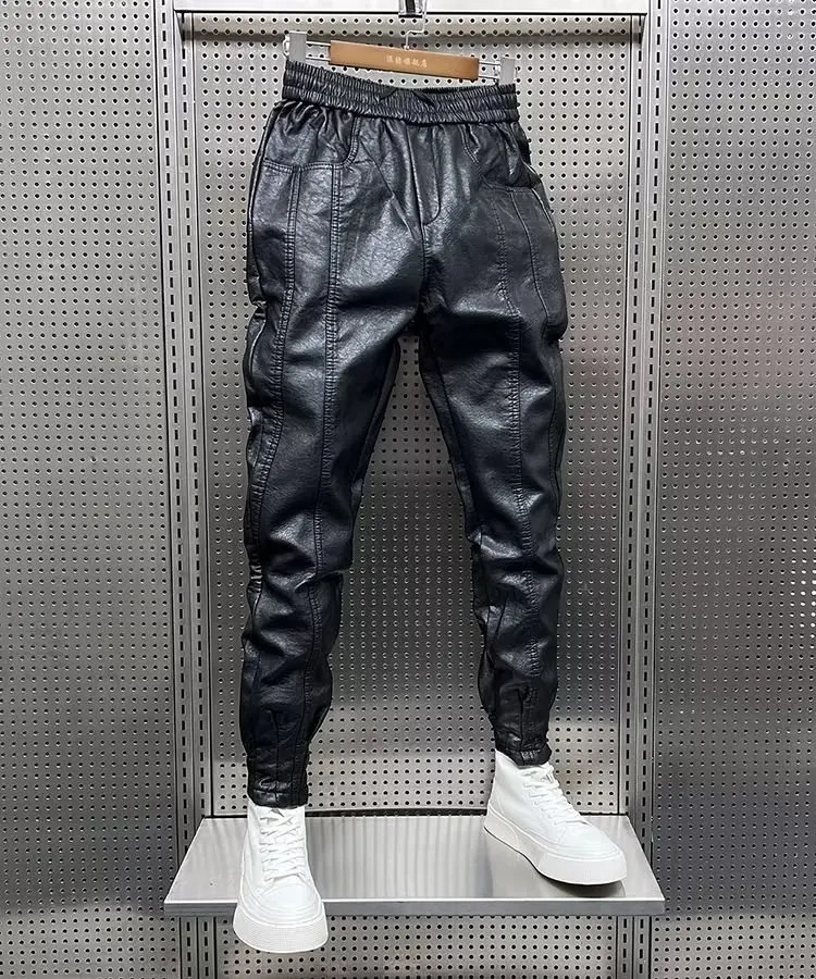 Hip Hop Mens Leather Pants Harajuku Retro Loose Casual Trousers Straight Solid Color Black Streetwear Motorcycle Pan 251226