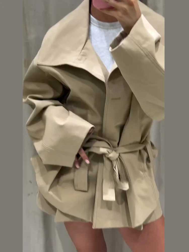 Elegant Office Womens Cropped Trench Coat Jackets Oversized Wide Lapel Self Tie Waist Jacket Vintage Lace-up Autumn OuterwearT251226