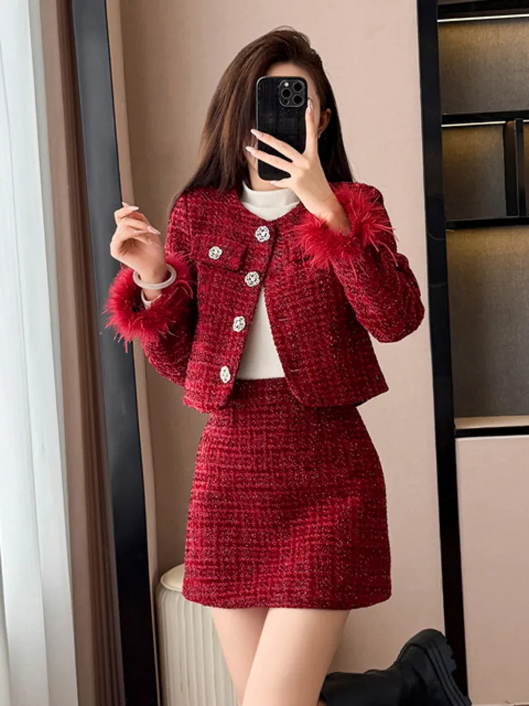 High Quality French Tweed Two Piece Set Women Fashion Jacket Coat Skirt Suits Fall Winter Christmas 2 Outfits 251211
