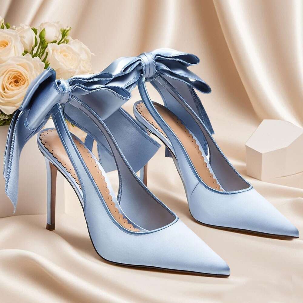 Wedding For Bridal Satin Back Heels Closed Pointed Toe Stiletto High Heel Pumps Slip On Dress Shoes Bow Design Versatile Woman Footwear MOJIDASHU