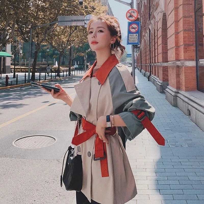 Women Fashion Stitching Contrast Color Trench Coat Ladies Streetwear Trendy Lapel Long Sleeve Double Breasted Jackets OuterwearT251226