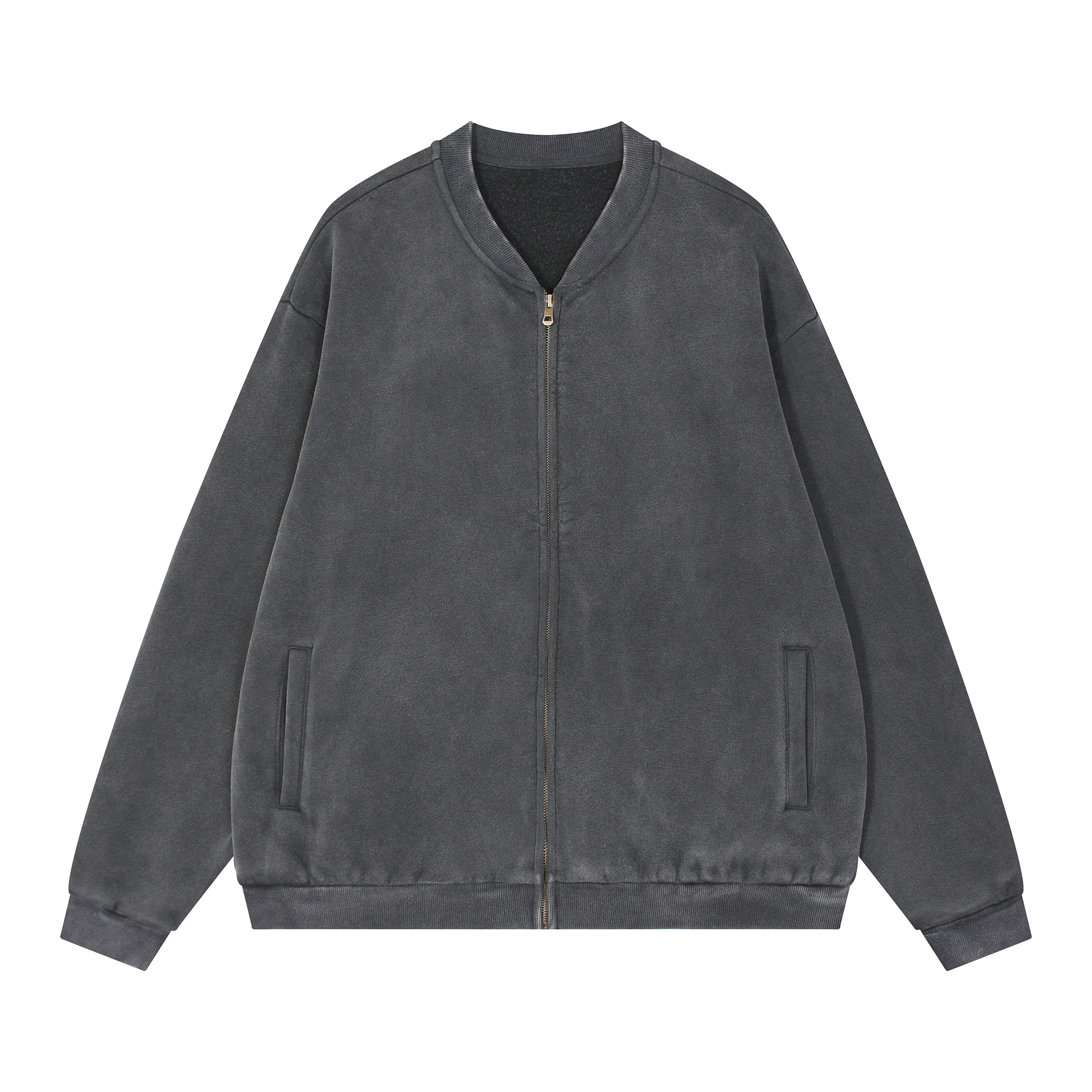 BLNCG Men's Long-Sleeve Jacket - Washed Vintage Design, V-Neck & Zipper Closure, 100% Cotton with Pockets, Oversized Unisex Streetwear Style-KFML