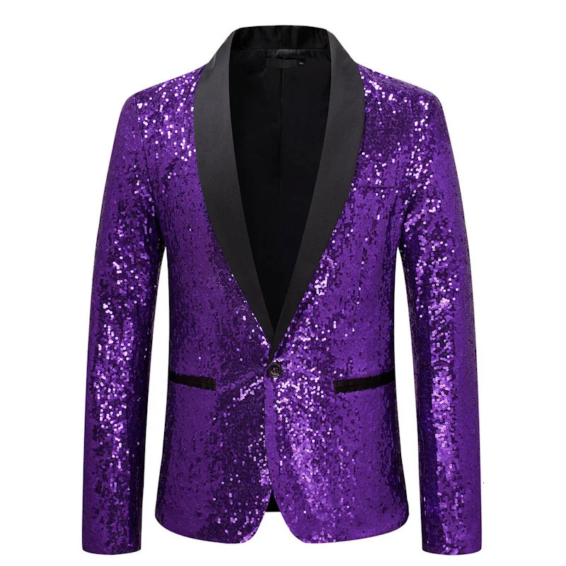 Shiny Sequin Mens Suit Jacket Stage Performance Coat White Silver Blue Red Purple Blazers Vneck Single Button S M L XL XXL 251226
