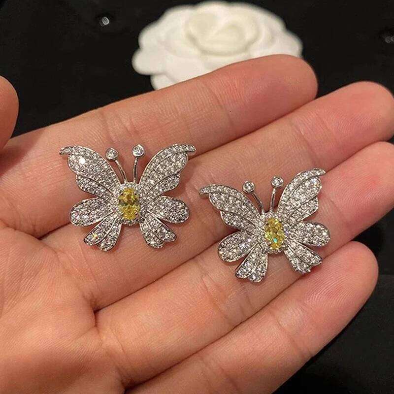 Huitan Gorgeous Yellow Butterfly Stud for Women Aesthetic Accessories Wedding Earrings Fancy Gift Statement Jewelry