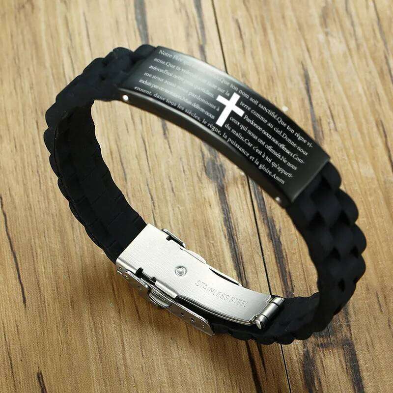 Engraved Christian Lord's Prayer Black Silicone Bracelet Men German French Hebrew Multi Language Brazalets 25T1226