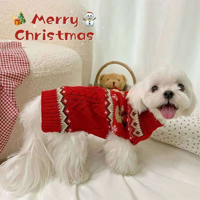Christmas Dog Sweater with Reindeer Pattern, Red Green High Neck Pullover for Dogs Cats, Warm Winter Puppy Clothes Holiday Wear 25T1226