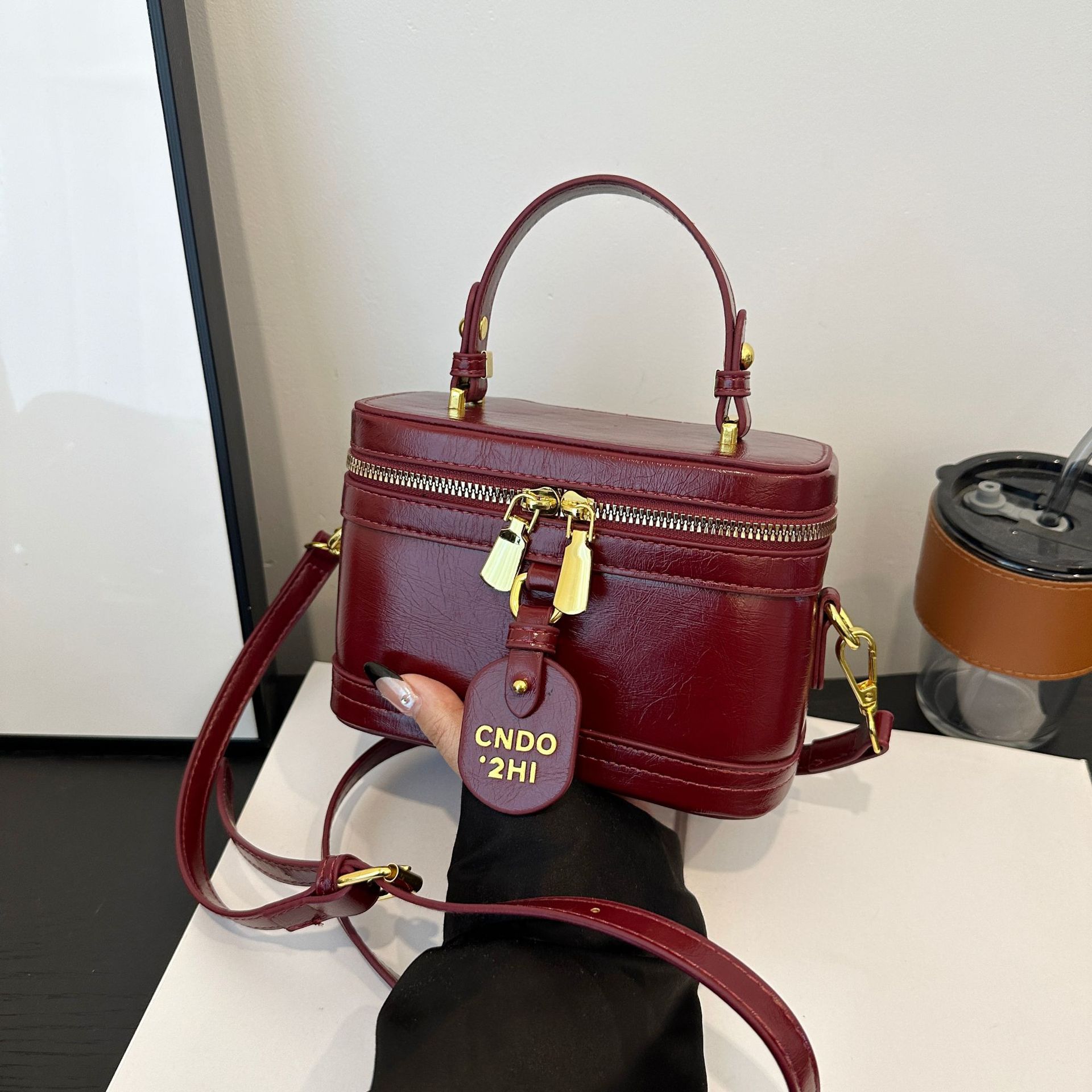 Vintage Leather Tote Bag with Gold Zippers Adjustable Straps RedBlackVarnish Red MultiColor Options Glossy Finish Crossb 250807