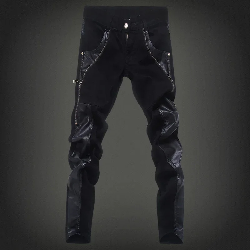 YASUGUOJI 2024 Punk Style Fashion Slim Fit Pu Leather Patchwork Long Zipper Desgin Skinny Jeans Men Party Wear Pants 251219