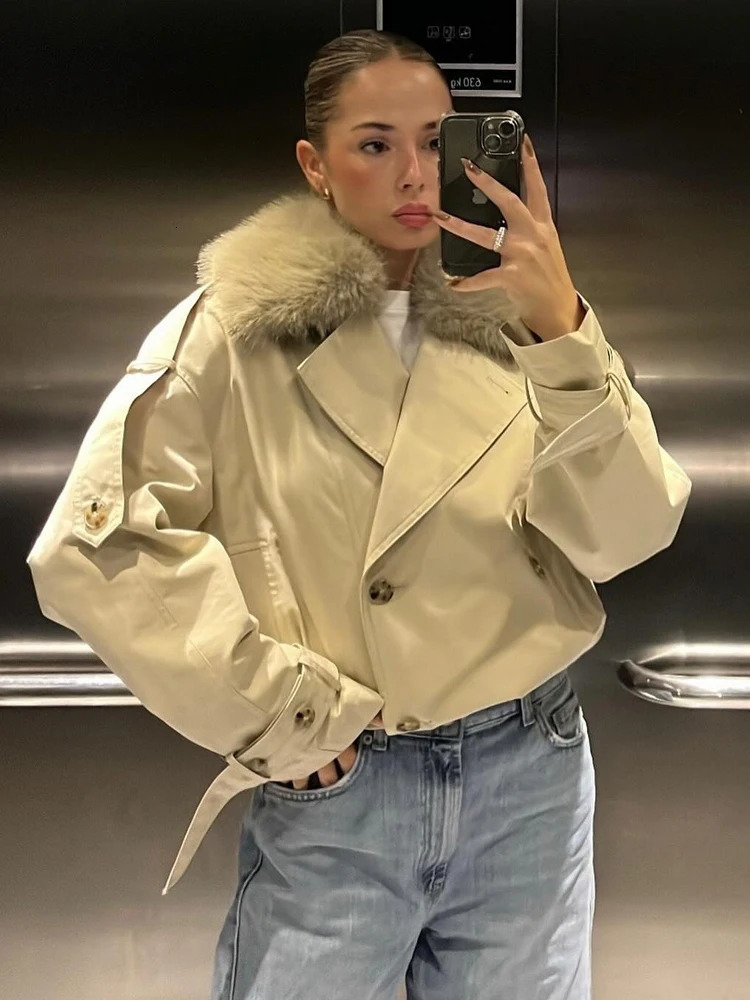 HH Fashion Women Faux Fur Short Trench Coat With Faux Fur Collar Female Winter Double Breasted Waterproof Windbreaker 251222