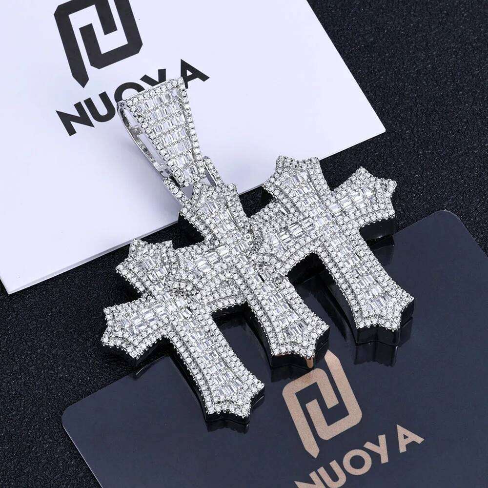 jewelry High Quality 3-in-1 Micro Pave Bling Baguette Cubic Zirconia Cross Silver Gold Plated Brass Diamond Charm Pendant