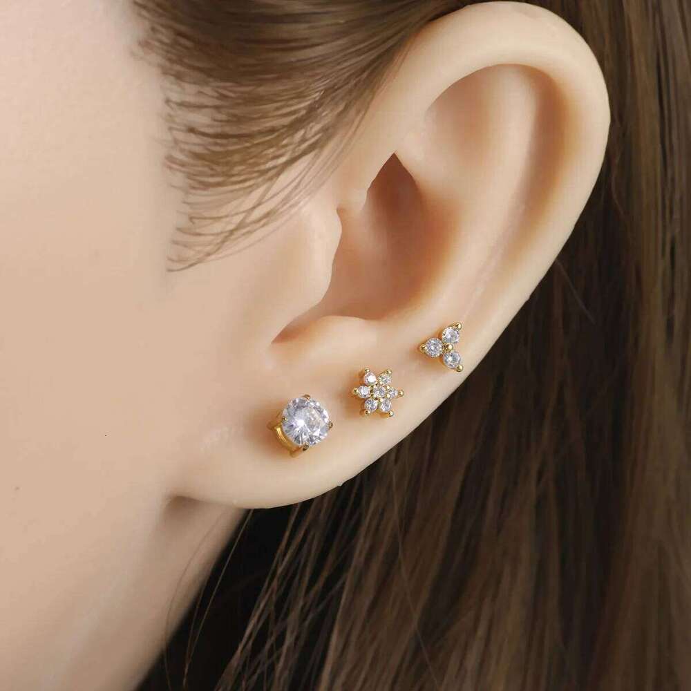 20G Pin type flat back cartilage earrings Stainless steel zircon round triangle plum blossom petals female ear piercing jewelry 25H1226