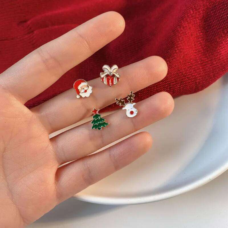 4 Pcs/Set Cute Enamel Christmas for Women Small Elk Bell Xmas Tree Stud Earrings New Year Festival Party Jewelry Gifts 25H1226