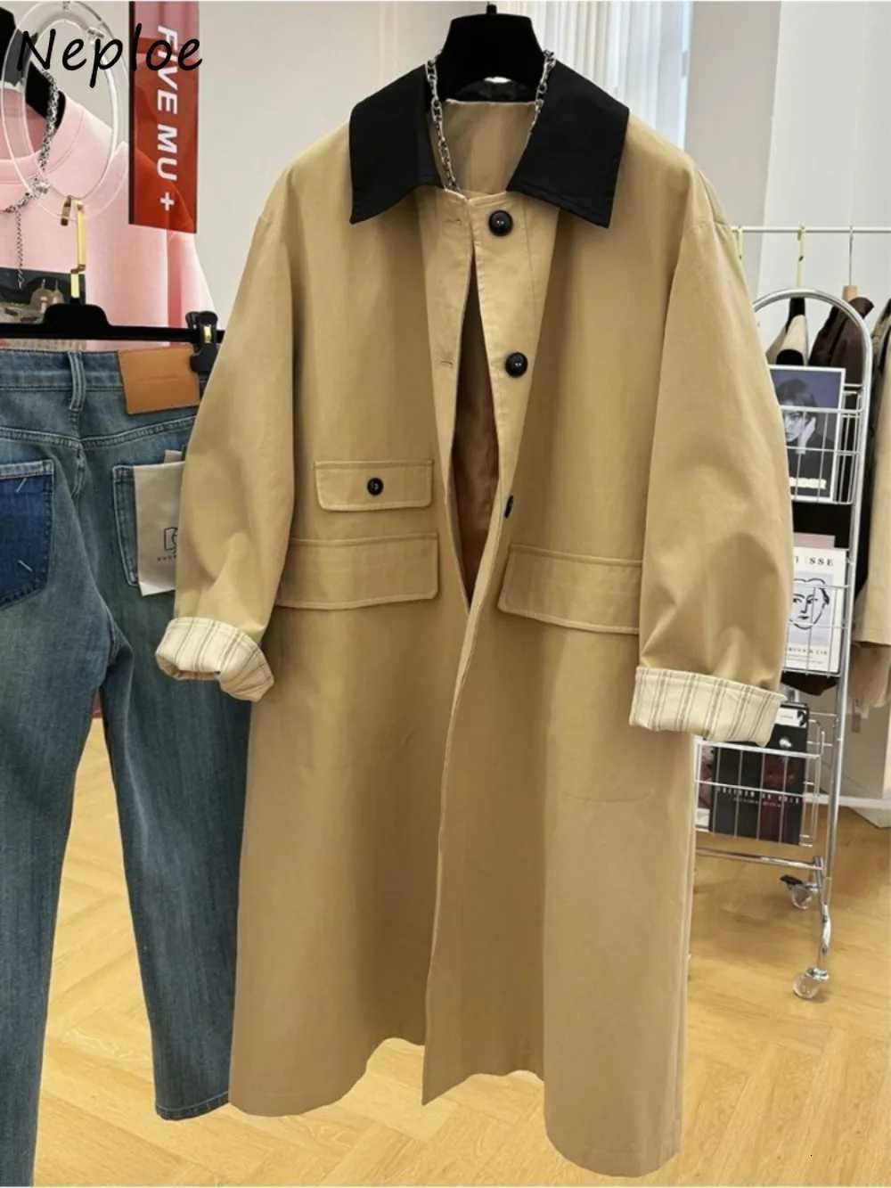 Neploe New Advanced Elegant Panelled Coat Turn-down Collar Mid-length Windbreak Western Safari Style Loose Casual Luxury JacketT251226