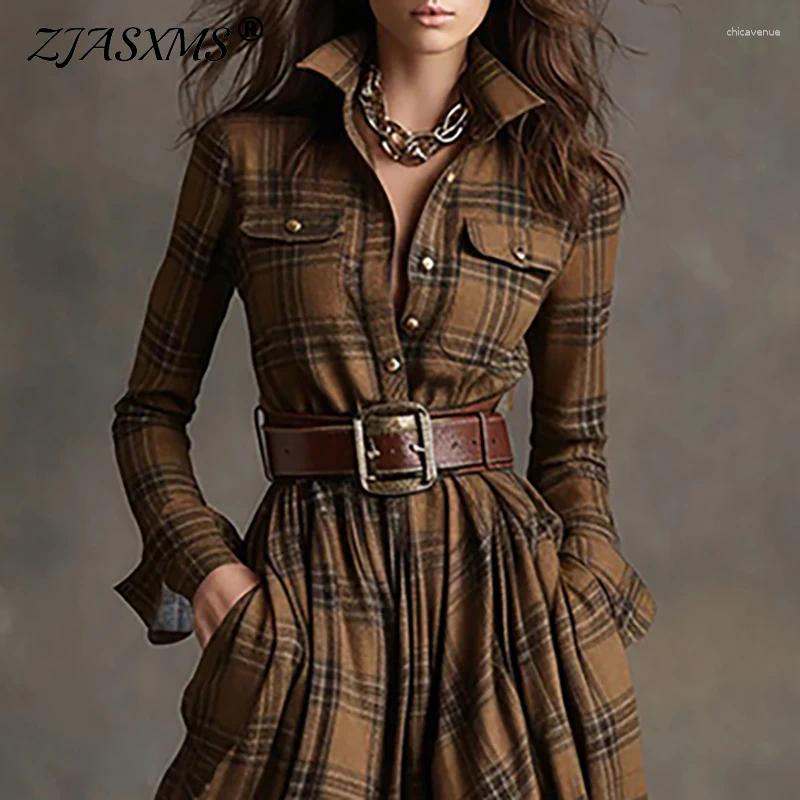 Casual Dresses Fall Retro Plaid Print Swing Long Woman Sexy Single Breasted Lapel Shirt Dress Sleeve Pocket Slit Maxi