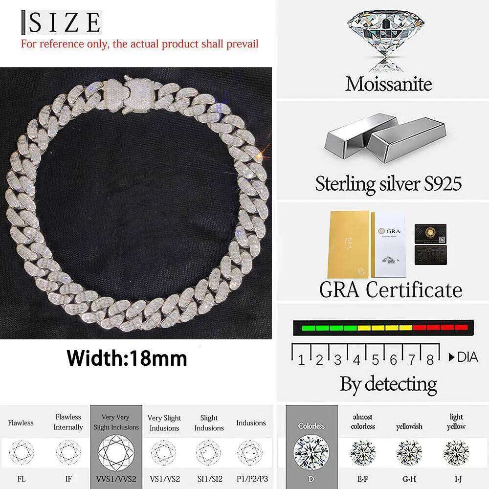 New Arrival Men Hip Hop Jewelry 18MM Special Clasp Solid Silver 925 Custom VVS Moissanite Diamond Cuban Link Necklace