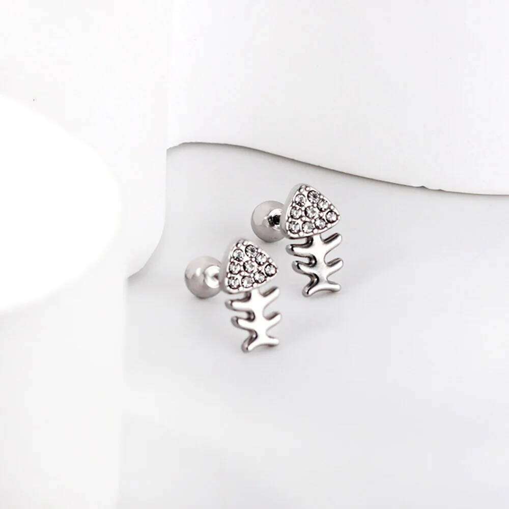 New Earrings Suitable for Women and Girls Accessories Gifts Cubic Zirconia Steel Balls Screw Plugs Fish Bones Jewelry 25H1226