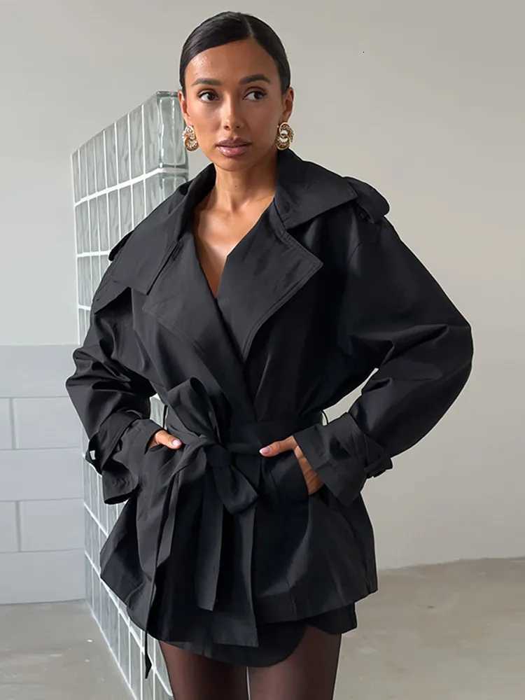 Womens Casual Solid Lace Up Jacket Lapel Full Sleeve With Belt Pocket Loose Coat 2025 New Autumn Chic Lady Daily Street OutwearT251226