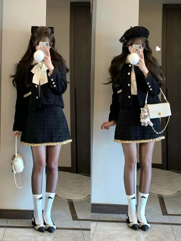 Winter Korean Fashion Womens Two Pieces Set Blazer and Skirt Slimming Button Office Lady Casual Tweed Suit Female Clothing 251211