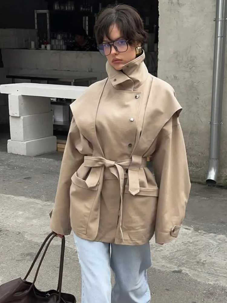 Women Solid Stand Collar Windbreaker Fashion Single Breasted Lace Up Pocket Coat 2025 Autumn Lady New Commuter Daily OutwearT251226