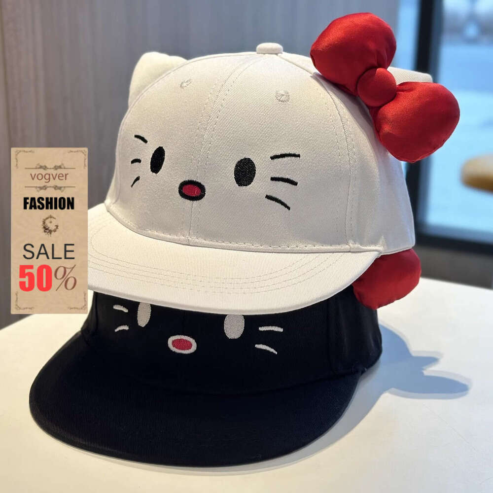 Women Baseball Cap Cute Kitty Cat Embroidered Bow Flat Brim for Protection Summer Cartoon Versatile Sunshade Sun