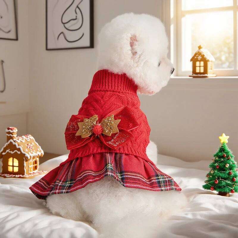 Pet Sweater Cat Dog Red Christmas Dress with Bow Decoration Wool Skirt Knitted Thread 25T1226