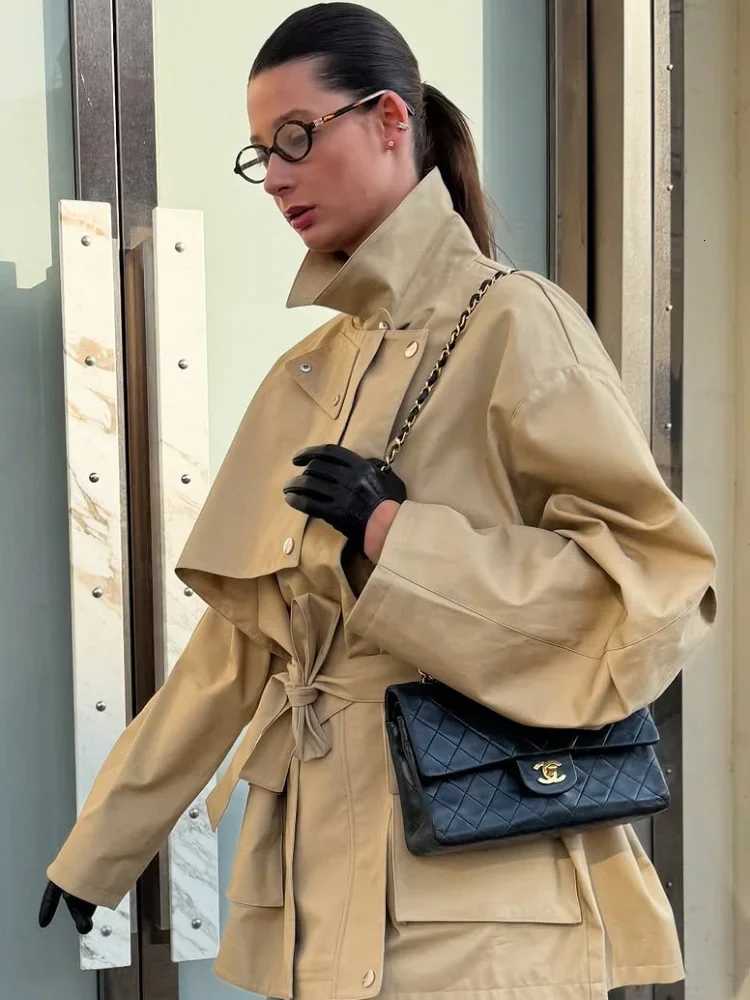 Women Casual Solid Lace Up Overcoats Female Lapel Double-breasted Long Sleeve Windbreaker 2025 New Fashion Autumn StreetwearT251226