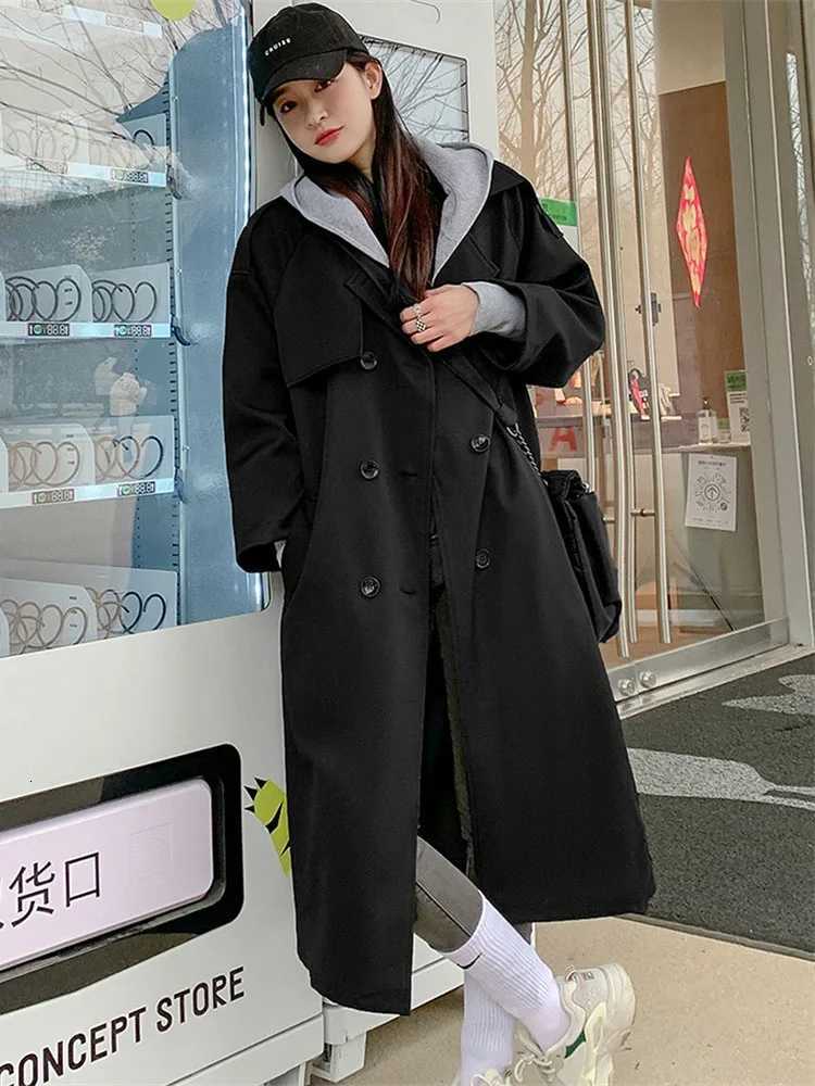White Khaki Black Loose Trench Coat Women Spring Autumn Double-breasted Removable Hood Long Windbreaker Female Belt OuterwearT251226