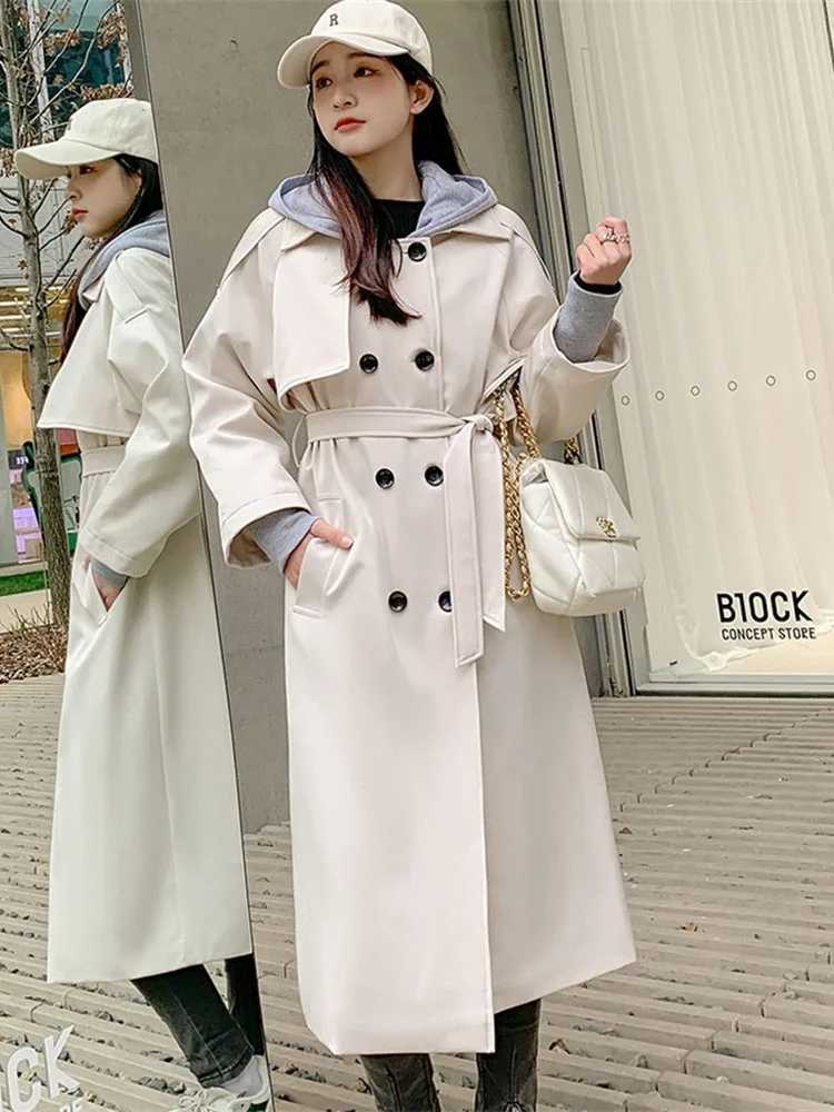 White Khaki Black Loose Trench Coat Women Spring Autumn Double-breasted Removable Hood Long Windbreaker Female Belt OuterwearT251226