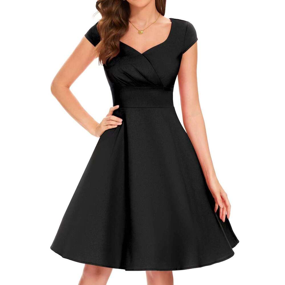 Dress for Women New Retro V-Neck Half-Sleeve Waist-Cinching Solid Color Flared Dress Light Luxury Elegant Daily Party Wear