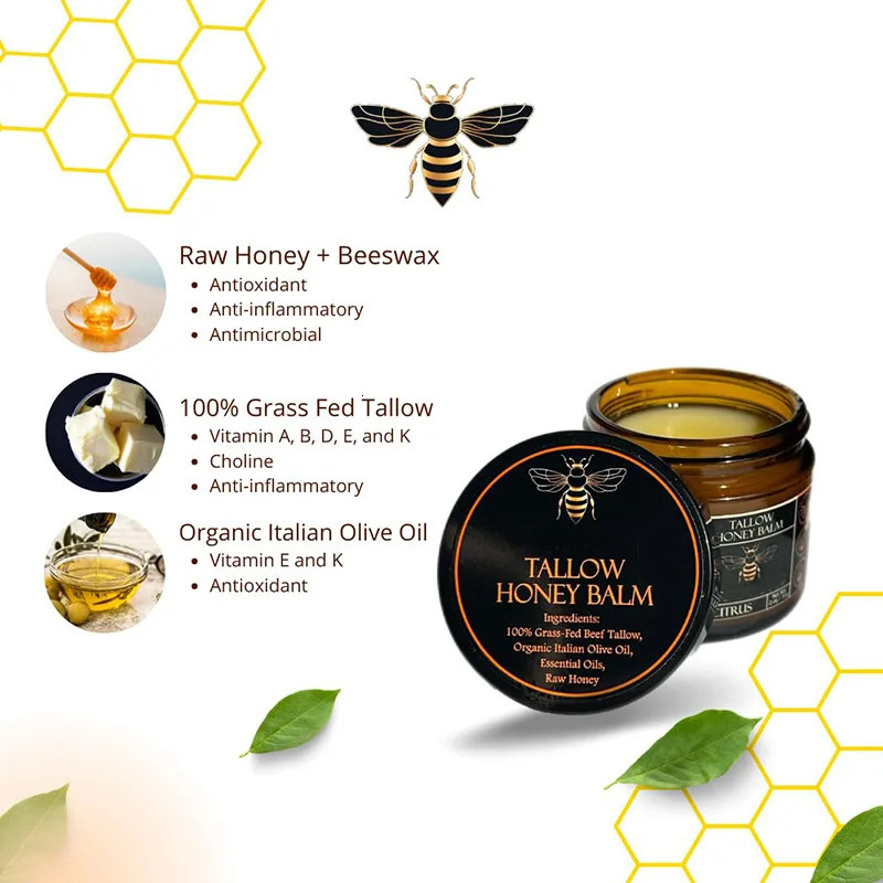 Organic Grass-Fed Beef Tallow Balm with Raw Honey - Cream for Soft Smooth Skin - Handmade All-Natural r 251217